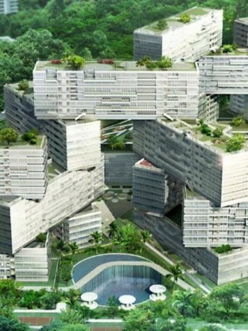 2.The Interlace by Ole Sheeren of OMA is designed in an alternating block structure to allow the maximum amount of sunlight to flow through to the courtyards at the base and to the surrounding countryside.  Alongside this, greenery grows across rooftops and side terraces to increase the amount of plant life prevalent in the area.  