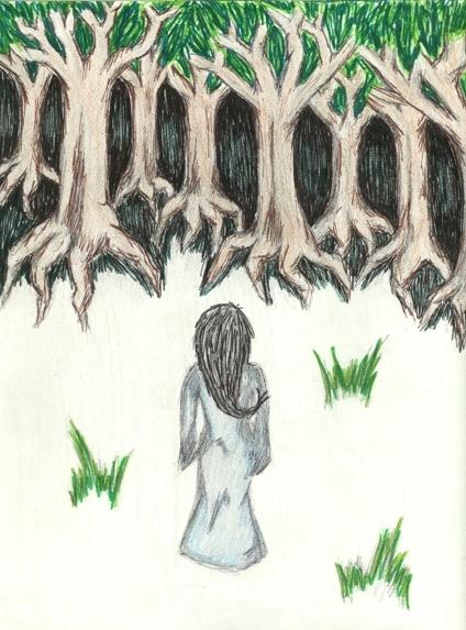An adolescent is standing in front of a flourishing forest. This represents how outward appearances do not completely tell the onlooker what is beneath the outer covering, no matter the age you are. You are not too young to experience the astonishing hardships of life, nor to try to cover those feelings. What the forest looks like from the outside and what is contained inside are poles apart. 