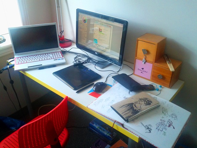 The+artists+workspace.+She+has+informed+me+that+during+one+fateful+trip+to+Ikea+she+stumbled+upon+this+desk.+Liking+the+style%2C+she+began+to+inspect+the+prices+and+for+some+awful%2C+weird%2C+terrible+reason+the+desk+with+the+yellow+trim+was+substantially+cheaper+than+its+counters.+As+is+why+the+desks+trim+is+yellow.+Observe+the+artistic+equipment%2C+as+she+is+an+artist.+
