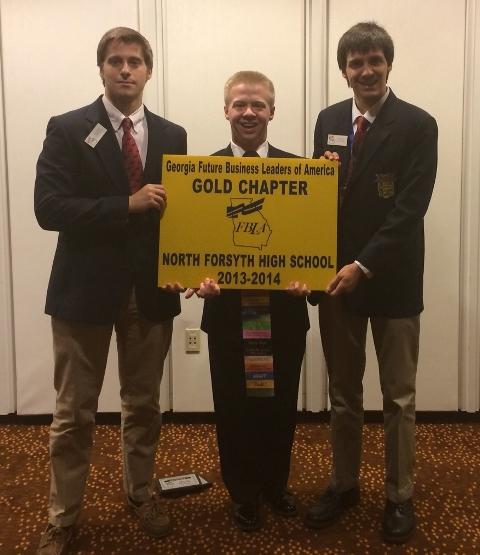 North Forsyth FBLA Members Kyle Hickox, Ashton Seibel and Kory Hickox (left to right) receive 6th Place at State for their Business Plan.