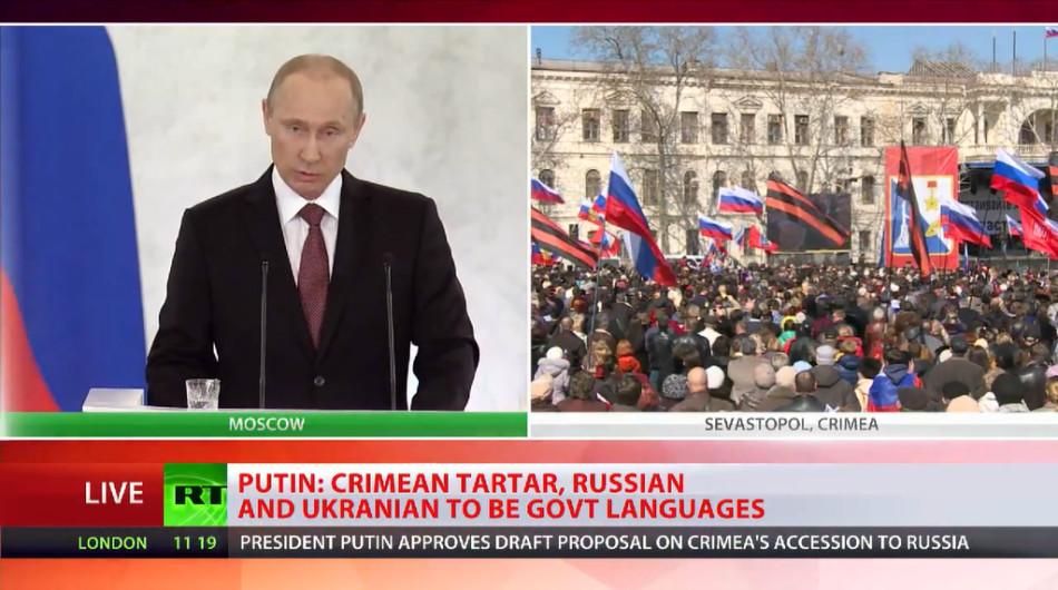 Russian President Vladimir Putin states his approval of the draft proposal on Crimea’s secession from Ukraine in a speech.