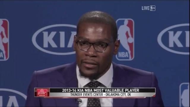 Filled with emotion, Kevin Durant thanks his mom and other supporters upon receiving the NBA Most Valuable Player award.