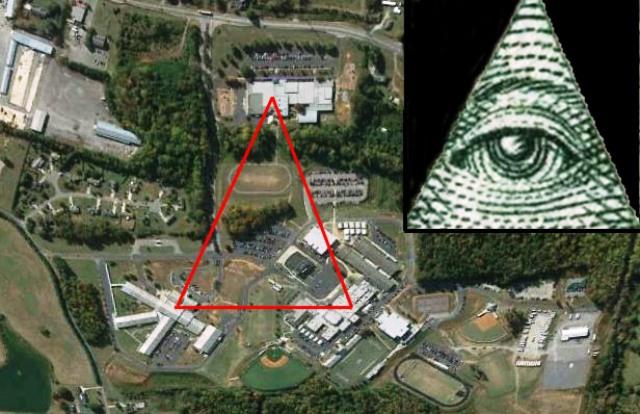 A satellite photograph reveals that the layout of the school campuses of the North Forsyth elementary, middle, and high schools are distinctly triangular, just like the most common symbol used by the Illuminati. Thus further insight is provided towards proving the existence of the Illuminati within the Forsyth County School. Screenshot from Google Earth  