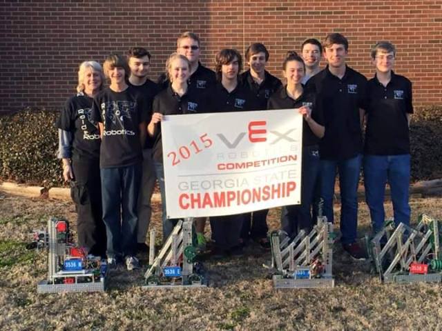 The North Forsyth Raider Robotic Team prepares to compete in the 2015 VEX Georgia State Championship. The program is run by Ms. Marshall, an engineering teacher at North Forsyth High School. The teams 3536E and 3536B were finalists for the state competition.