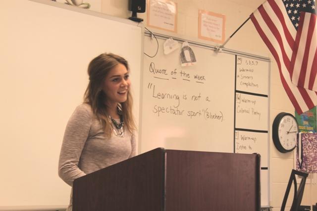 : Senior Jessica Dickey stands in front of her fifth period class, Speech Forensics, to deliver a speech on “what makes her, ‘her’.” 