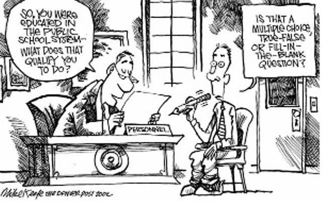 Denver Post cartoon satirizing the effect of standardized tests on public education.