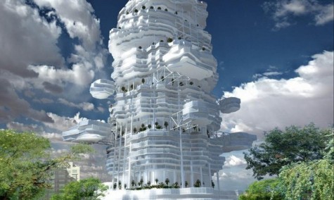 1.Cloud city by the Union of Architects of Kazakhstan takes on a design based on the structures of the sky themselves.  Rather than the traditional solid-building design, Cloud City’s structure is designed to have different levels of compartments that vary in position as the building rises.  To put this in perspective, most of the building’s base structure is hollow support while connected office compartments reach out from varies places, allowing all of these office and apartment areas to be naturally lit due to an absence of light obstruction.