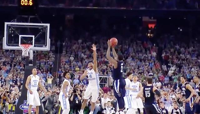 Kris Jenkins nails the game-winning shot in one of the most intense NCAA Championship games in history. Screen shot from video: https://youtu.be/rl0tNPftwTM