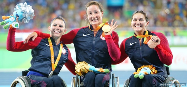 (From left to right) The “Mc-trio,” Amanda McGrory, Tatyana McFadden and Chelsea McClammer, won multiple medals for the womens 1500-meter T54. These athletes train and compete alongside one another (Photo from TeamUSA.org).