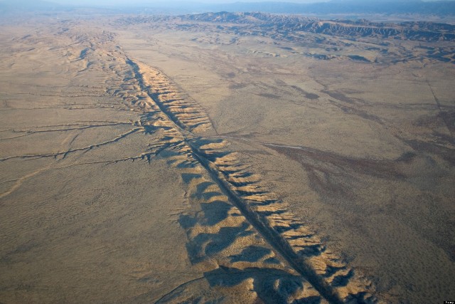 This photo shows the San Andreas Fault in aerial view from the Carrizo Plain. Photo by Jack Cloherty.