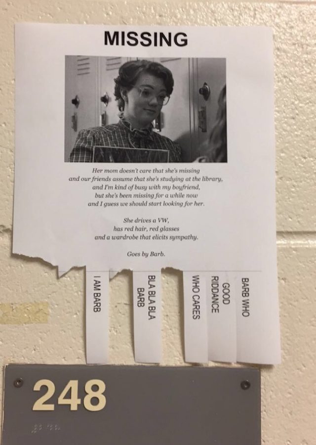 Even teachers are hooked on the hit series Stranger Things as seen by this poster hanging outside of a classroom. Mrs. Euing placed this outside of her room during the 2016 school year as a way to engage with her students during the height of the show’s popularity; the poster includes a picture of the character Barb and tear-off alternatives for her fate, which will be revealed in the upcoming season. 