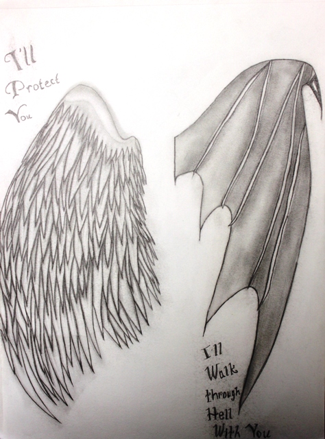 The significance of the wings is to resemble the meaning of the poem. The angel represents that I will follow you to heaven, or I will chase through hell to make sure you are okay. It was intended to help my friend get through a hard time in her life, and I hope she is doing well.