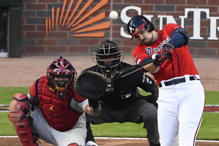 Adam Duvall bats for the Braves, but couldn’t manage a homerun against the Cardinals in game 5 of the series playoffs. Atlanta lost 13-1 and was knocked from the playoffs.  Photo by: BusinessInsider.
