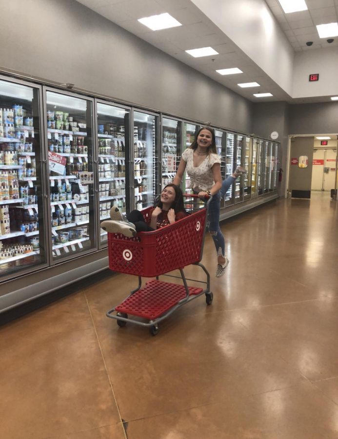  Sophomore Bailey Sanders and Freshman Sarah Treusch act out the typical activities of a crazy Black Friday shopper at Target. Photo submitted by Sarah Treusch.
