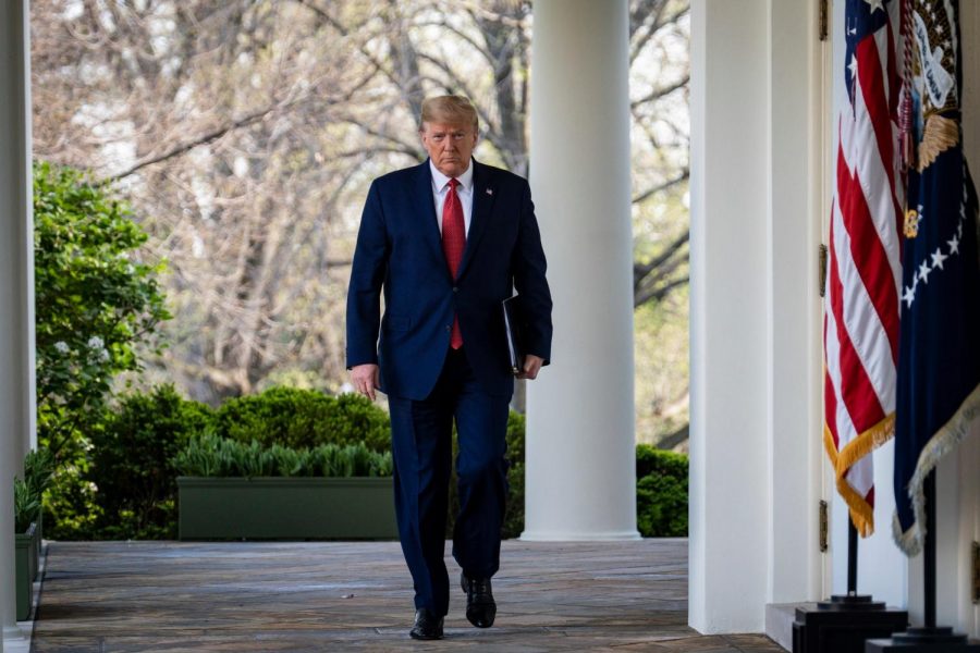 President Trump provided a briefing on the current COVID-19 situation on March 29 in the White House Rose Garden. Mr. Trump announced that he will be extending social distancing guidelines through April 30. Photo by Pete Marovich for the New York Times.