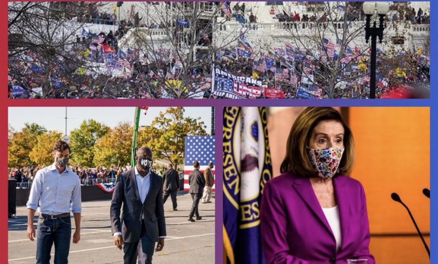 The top of the picture is pro-Trump riots storming the Capitol Building. The bottom left is senator Jon Ossoff and Raphael Warnock. Bottom right Nancy Pelosi announcing her impeachment for Trump with the 25th amendment. 