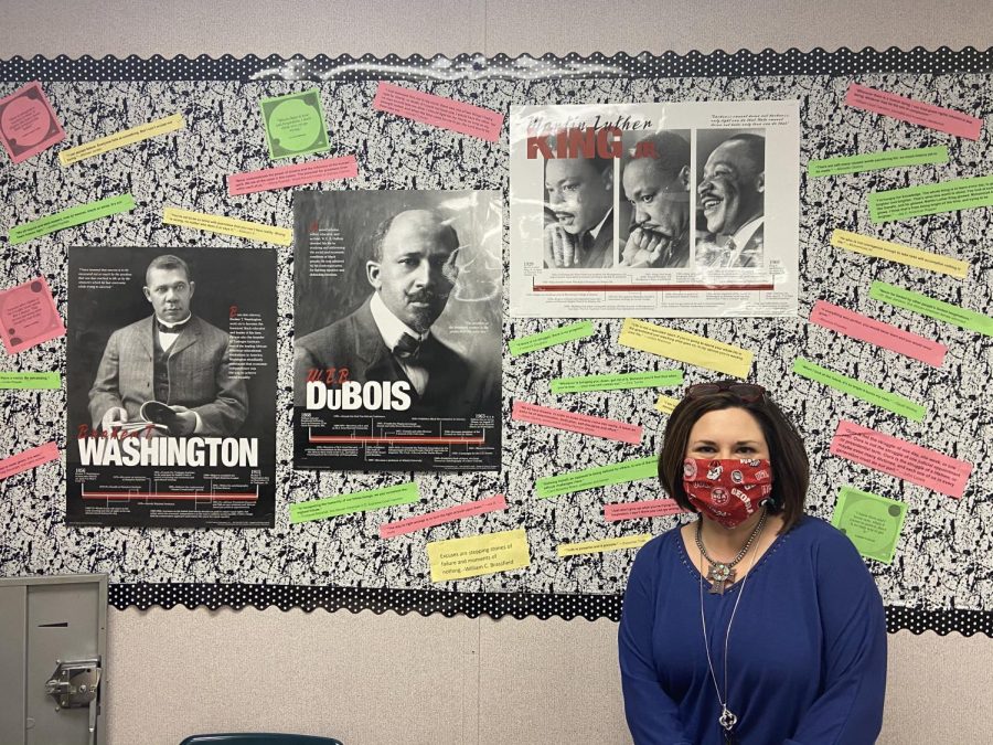  Mrs. Pilling, Sponsor of National Honor Society and Teacher of World History and AP Human Geography, posted on her wall a collection of images of iconic Civil Rights activists and quotes for all of her students to see in honor of Black History Month. (Photo by Sarah Treusch)