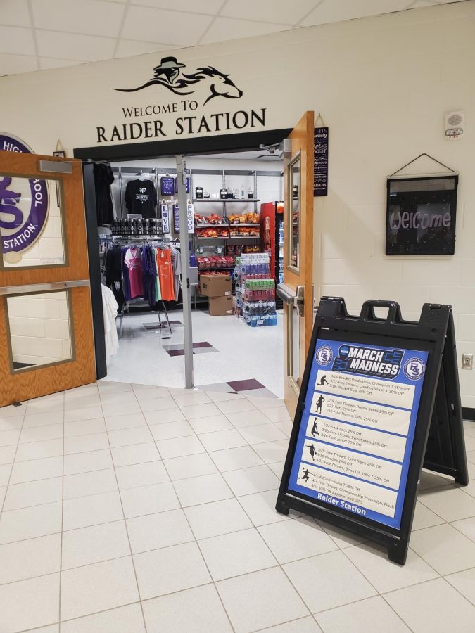 The destination of sales and activities; the Raider Station is open and has its March Madness schedule on the blue board. Photo by Micayla Peters.
