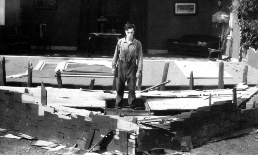 The aftermath of Keaton’s most iconic stunt involving the frame of a house falling as he stays safe by standing in the path of an open window. Photo by: Charles Reisner.