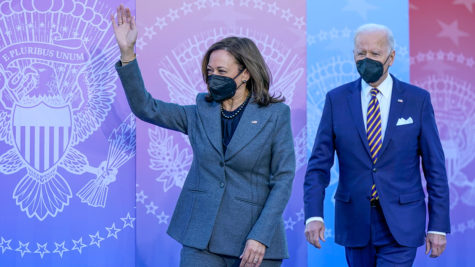 President Joe Biden and Vice President Kamala Harris waving to their Atlanta audience before their speech. Photo by: ABC7 Chicago.