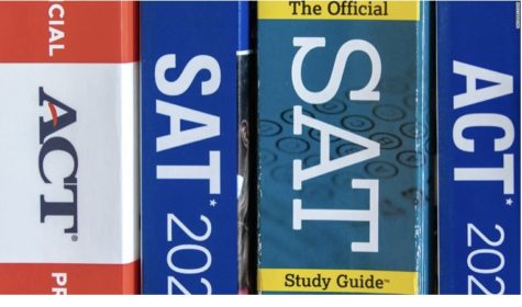 The SAT and ACT standardized tests and their different study guides and preparation books.