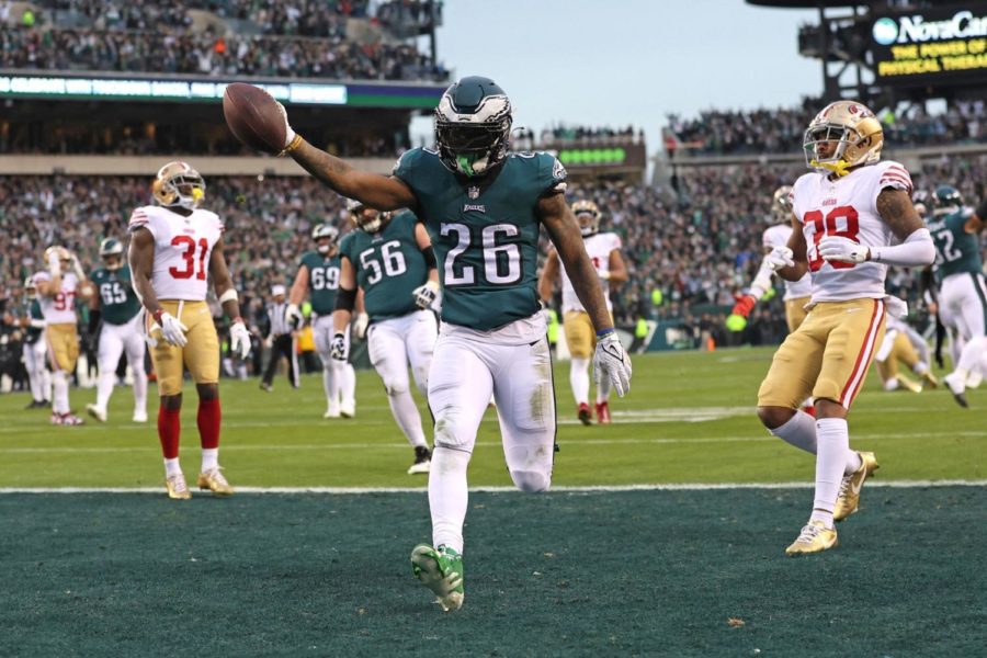 Eagles Running Back, Miles Sanders scoring a touchdown against the San Francisco 49ers.