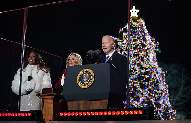  President Joe Biden speaks at the annual national Christmas tree lighting after the tree is successfully mounted again.
