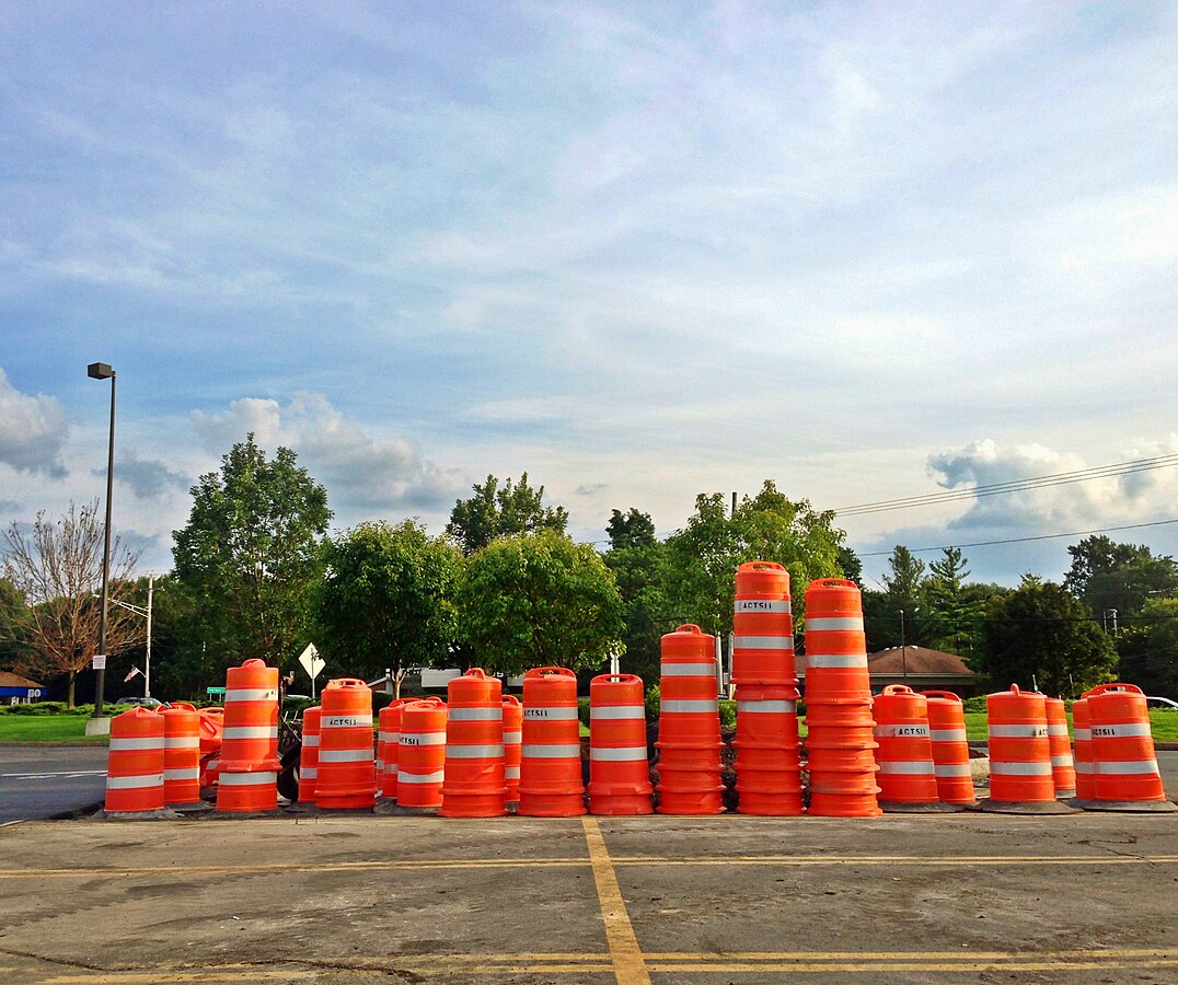 The absurd amount of traffic cones right outside a high school, where innocent teenage drivers can fall victim to this atrocity.