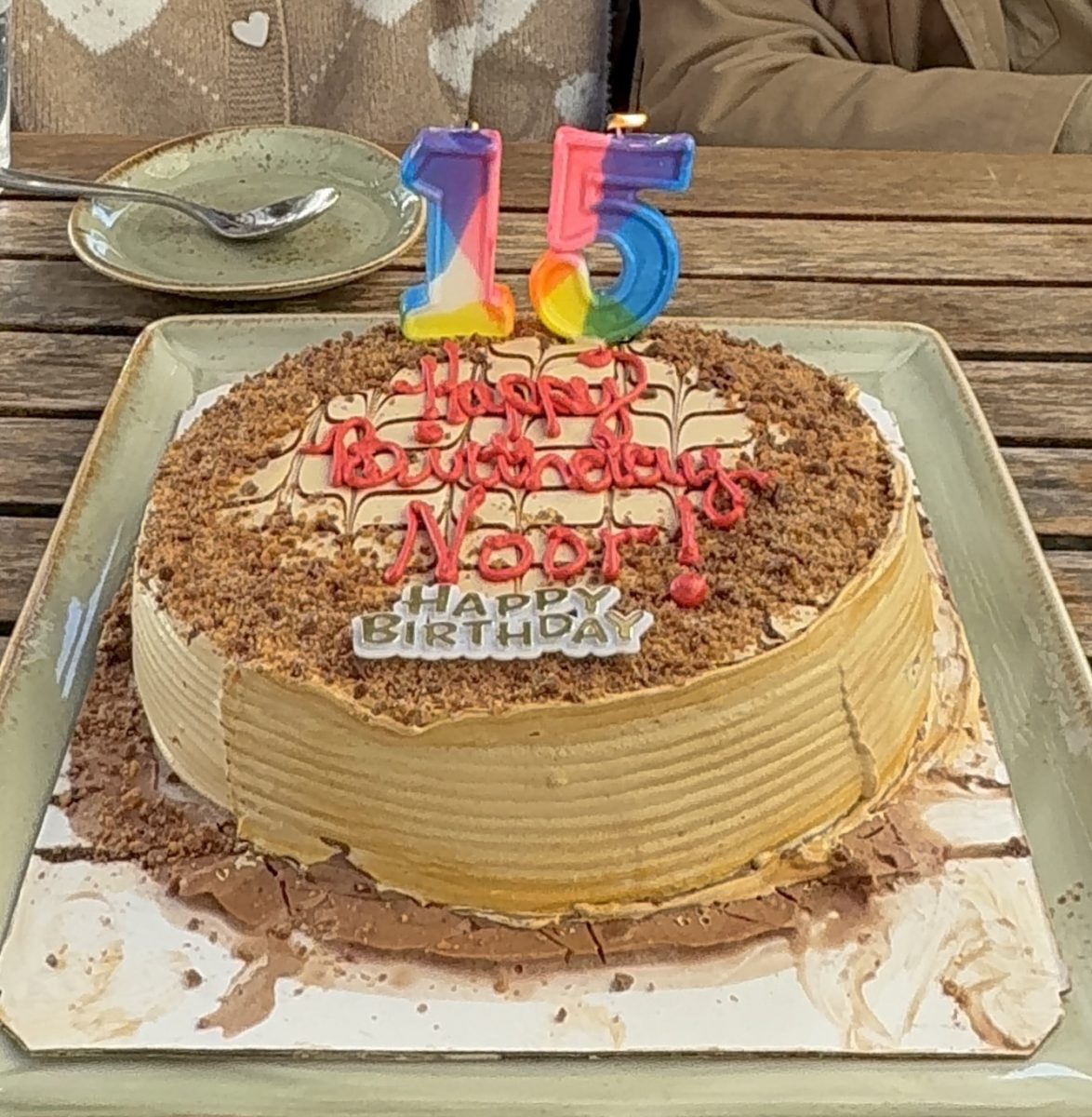 A birthday cake with the candle number 15 on top. 