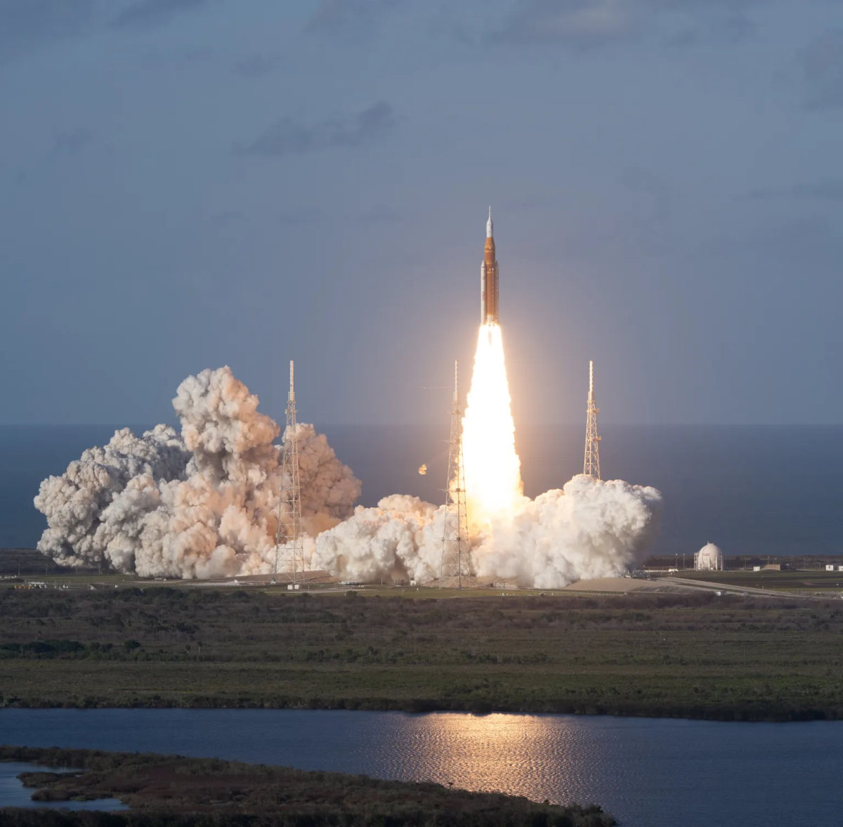 The Orion spacecraft taking off during the NASA space launch in Florida.
